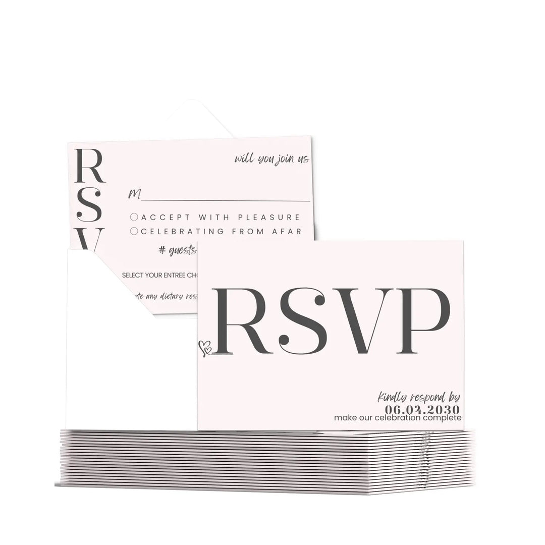 Custom Peony Pink and Black RSVP Cards - Premium 120lb Cardstock, Elegant Calligraphy, 4x6 Inch Size, Personalized Dates & Names, Includes Food Choices