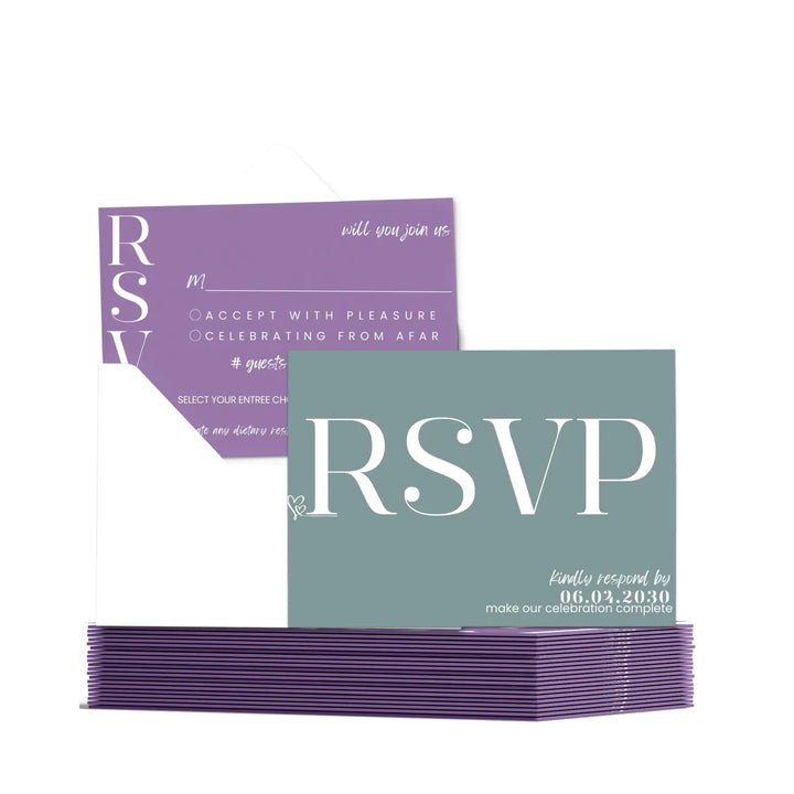 Custom Purple and Sage RSVP Cards - Premium 120lb Cardstock, Elegant Calligraphy, 4x6 Inch Size, Personalized Dates & Names