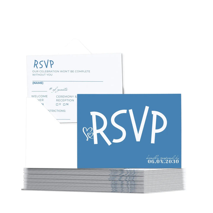 Custom Denim Blue RSVP Cards with Elegant White Calligraphy - Premium Card Stock, 4x6 Inch Size