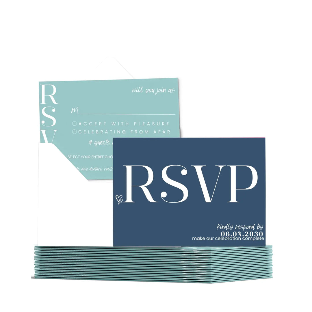 Custom RSVP Cards for Wedding Invitations - Navy Blue and Sea Glass - Response Insert Cards with Food Choice