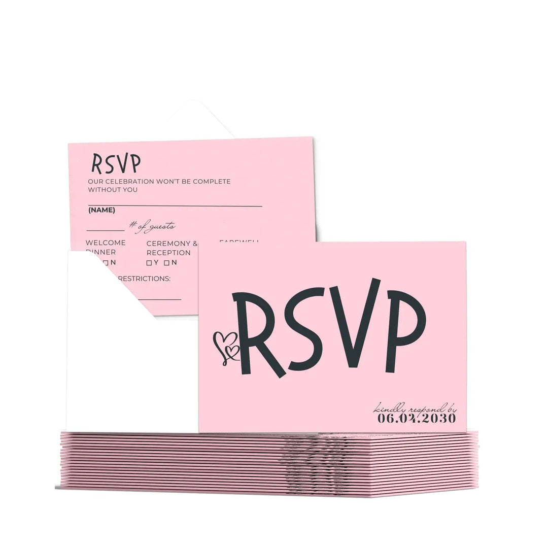 Custom Pink RSVP Cards with Elegant Black Calligraphy - Premium Card Stock, 4x6 Inch Size