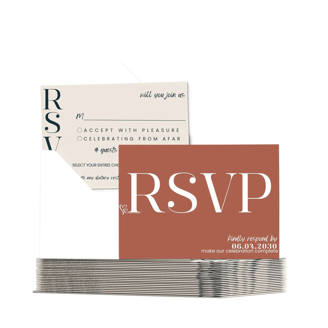 Custom Tuscan Sunset RSVP Cards - Cream and Black, Premium 120lb Cardstock, Elegant Calligraphy, 4x6 Inch Size, Personalized Dates & Names, Includes Food Choices