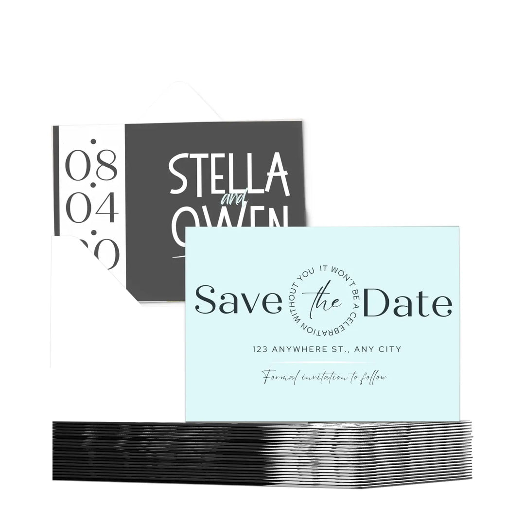 Custom aqua and black save the date cards - personalized 4x6 inch invitations with elegant typography white envelopes