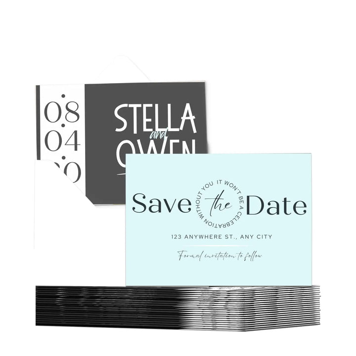 Custom aqua and black save the date cards - personalized 4x6 inch invitations with elegant typography white envelopes