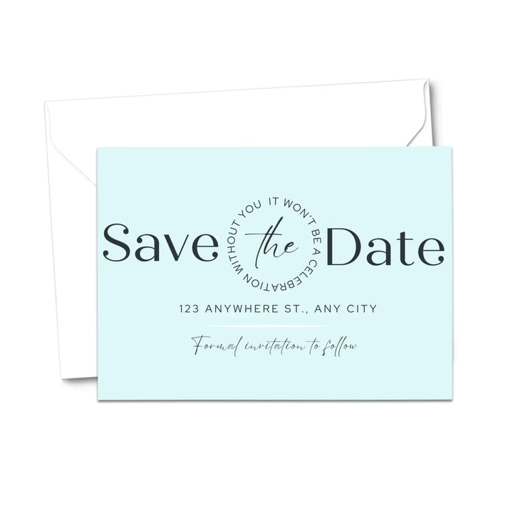 Custom aqua and black save the date cards - personalized 4x6 inch invitations with elegant typography white envelopes