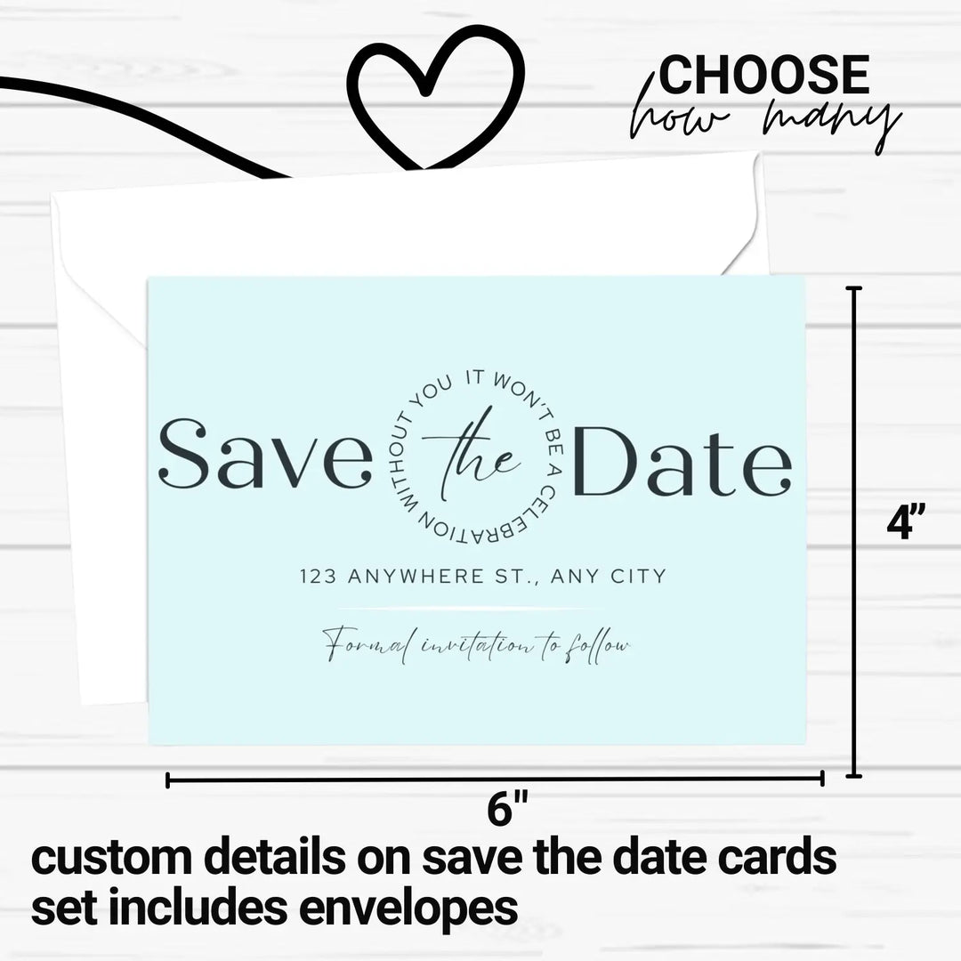 Custom aqua and black save the date cards - personalized 4x6 inch invitations with elegant typography white envelopes