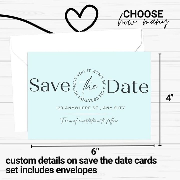 Custom aqua and black save the date cards - personalized 4x6 inch invitations with elegant typography white envelopes