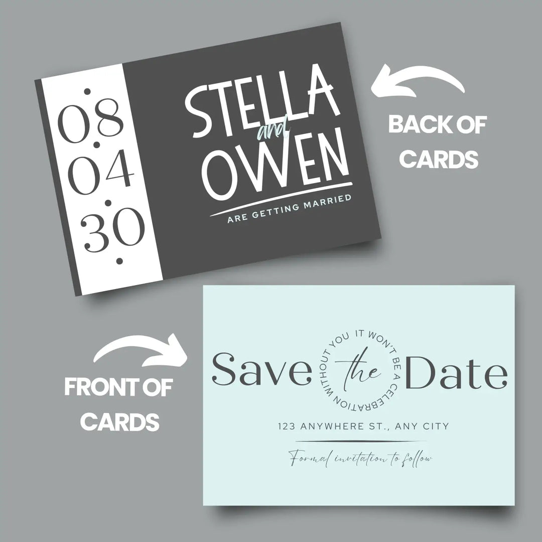 Custom aqua and black save the date cards - personalized 4x6 inch invitations with elegant typography white envelopes