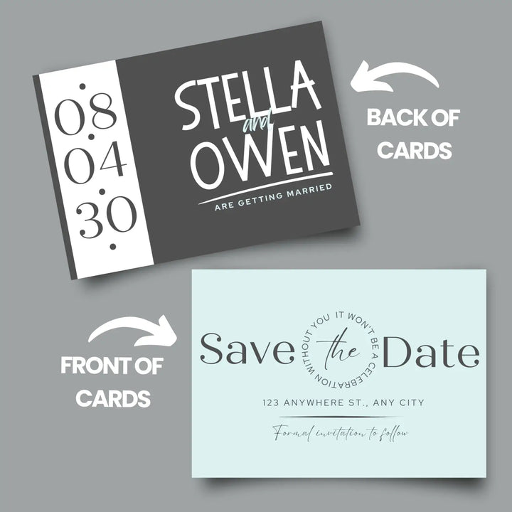 Custom aqua and black save the date cards - personalized 4x6 inch invitations with elegant typography white envelopes