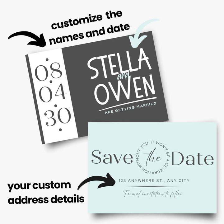 Custom aqua and black save the date cards - personalized 4x6 inch invitations with elegant typography white envelopes