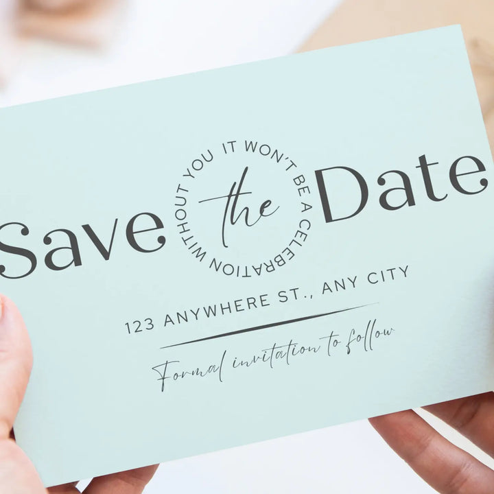 Custom aqua and black save the date cards - personalized 4x6 inch invitations with elegant typography white envelopes