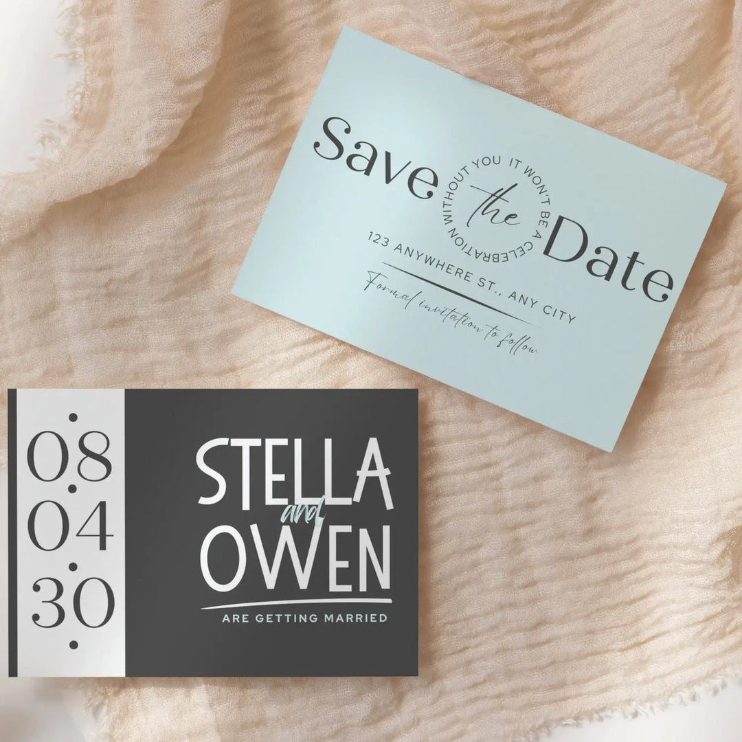 Custom aqua and black save the date cards - personalized 4x6 inch invitations with elegant typography white envelopes