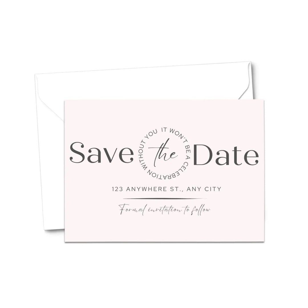 Custom blush and slate gray save the date cards - personalized 4x6 inch invitations with elegant typography white