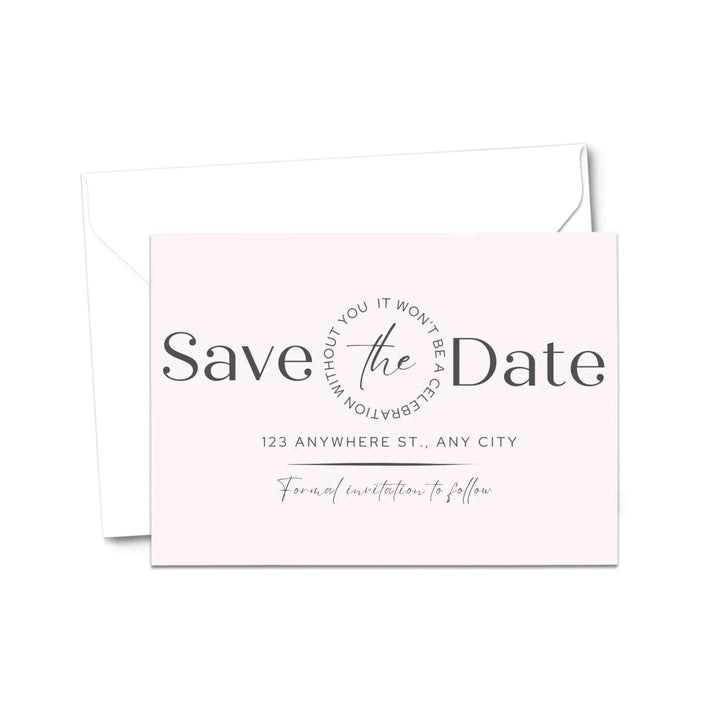 Custom blush and slate gray save the date cards - personalized 4x6 inch invitations with elegant typography white