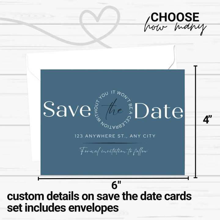 Custom dusty blue cream and black save the date cards - personalized 4x6 inch invitations with elegant typography white