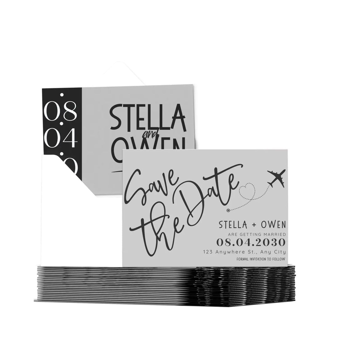 Custom grey and black save the date cards - personalized 4x6 inch invitations with elegant typography white envelopes