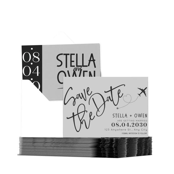 Custom grey and black save the date cards - personalized 4x6 inch invitations with elegant typography white envelopes
