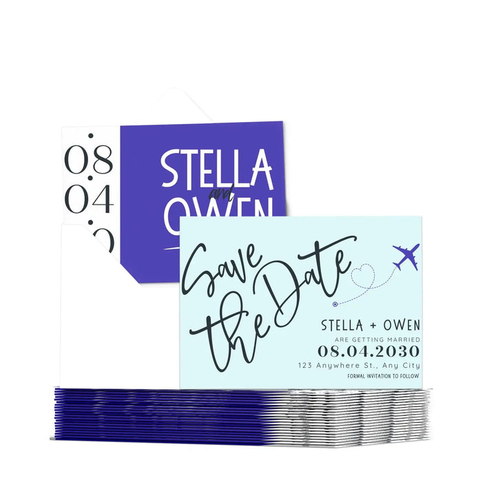 Custom minty aqua and lilac save the date cards - personalized 4x6 inch invitations with elegant typography white