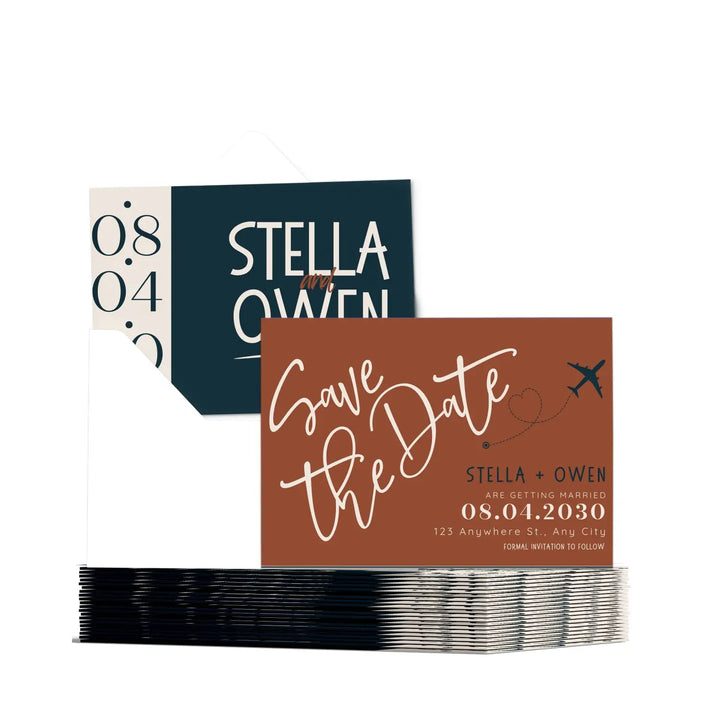Custom Brick Red and Slate Save the Date Cards - Personalized 4x6 Inch Invitations with Elegant Typography and White Envelopes - Perfect for Weddings, Birthdays, and Showers
