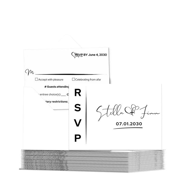 Custom White RSVP Cards with Elegant Black Calligraphy - Premium Card Stock, 4x6 Inch Size