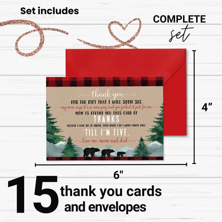 Lumberjack Boys Baby Shower Thank You Cards - Rustic (15 Pack) with Red Envelopes, 4x6