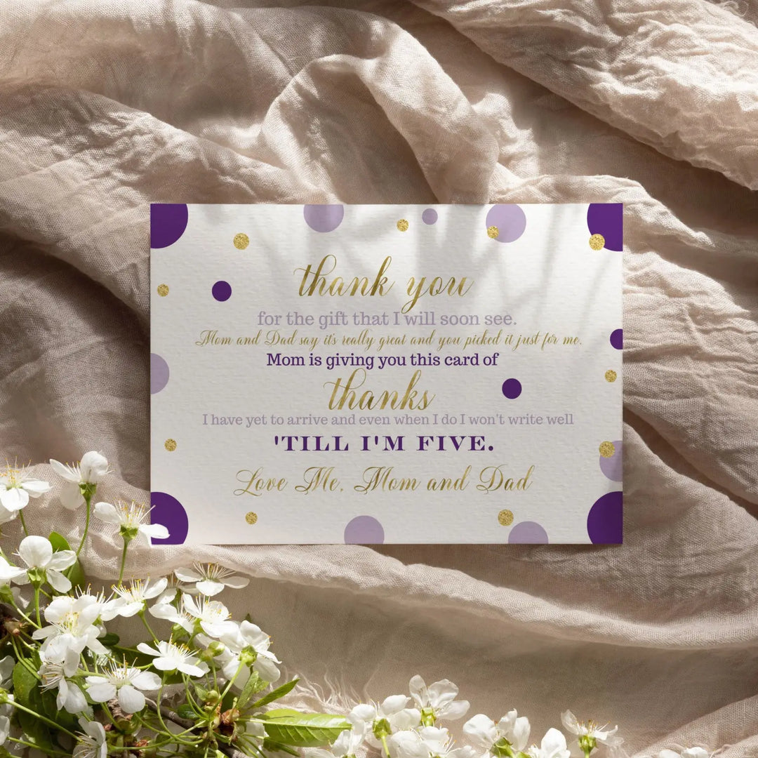 Purple and Gold Thank You Cards for Girls Baby Shower – Notecards with Envelopes (Pack of 25)