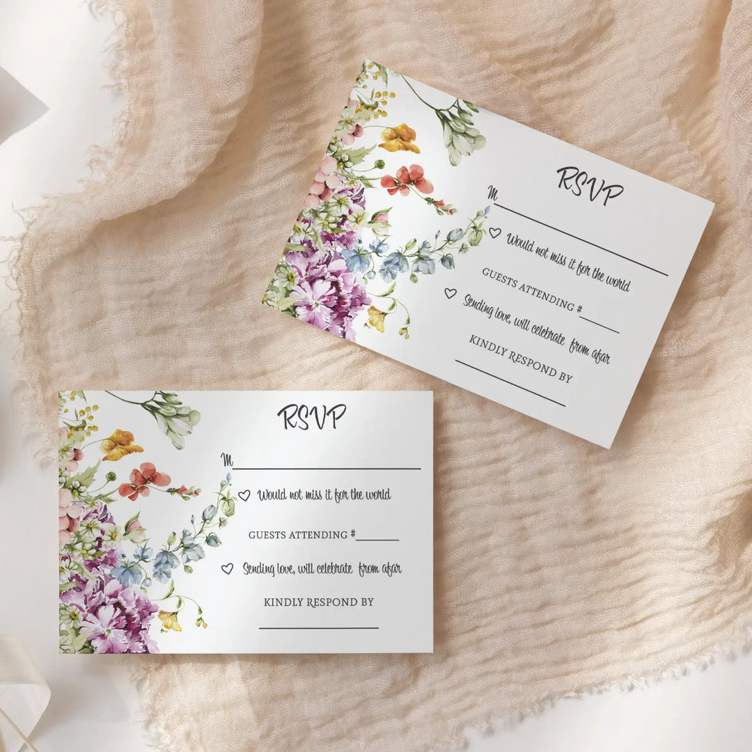 Wildflower Rustic Floral RSVP Cards - Wedding Response Set, 3.5x5, Envelopes Included, 25 Pack