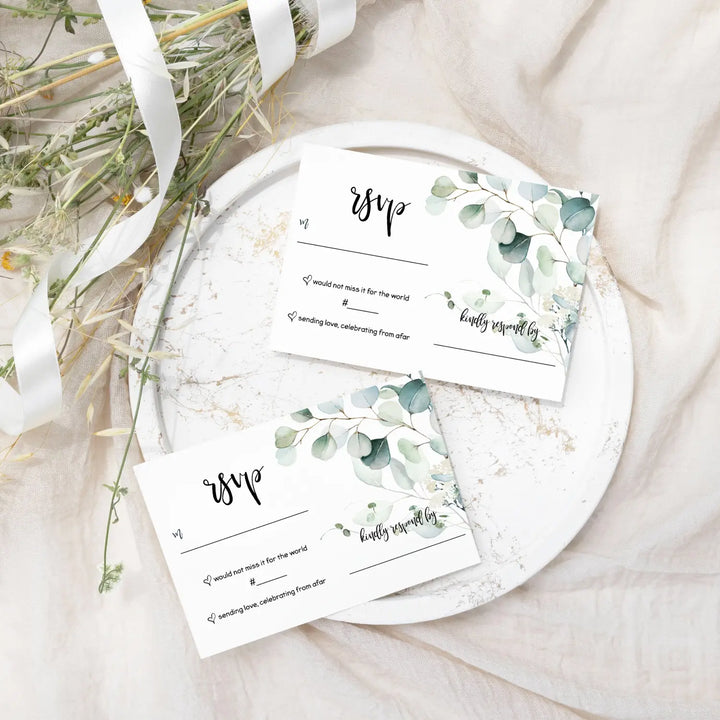 Eucalyptus Greenery RSVP Cards - Rustic Wedding Response Set, 3.5x5, Envelopes Included, 25 Pack