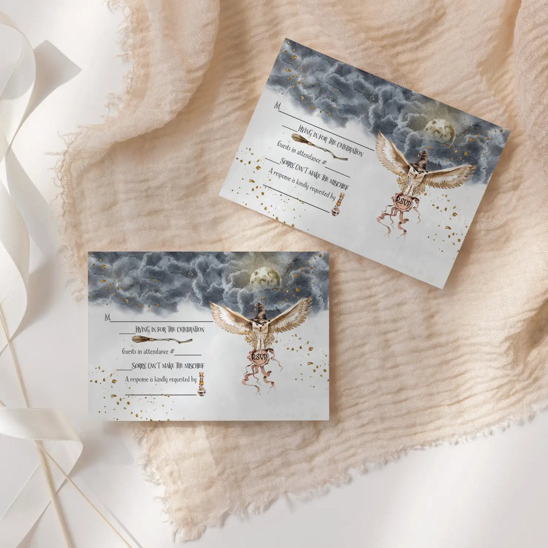 Magical Black Gold Owl RSVP Cards - Enchanted Wedding Response Set, 3.5x5, Envelopes Included, 25 Pack