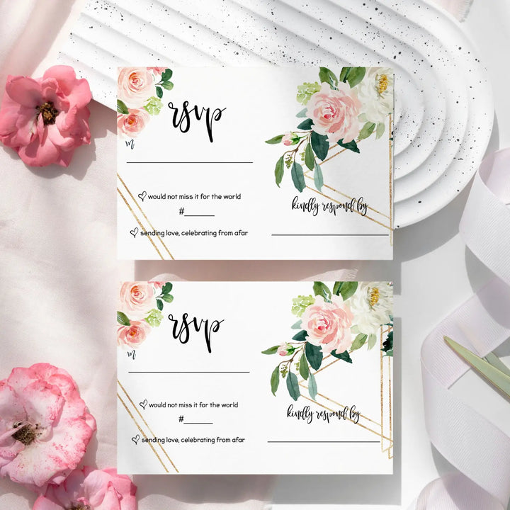 Graceful Greenery Pink Gold Floral RSVP Cards - Wedding Response Set, 3.5x5, Envelopes Included, 25 Pack