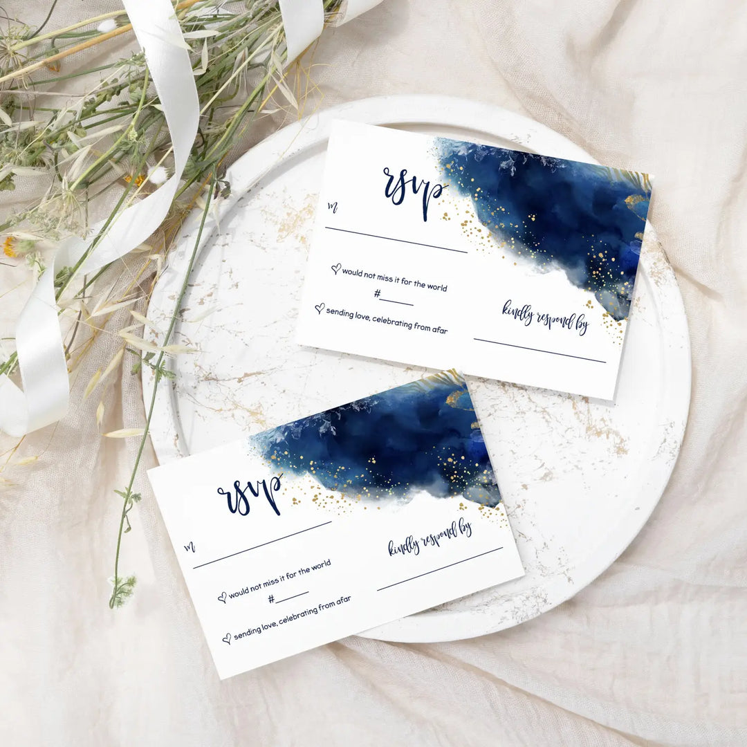 Watercolor Gold Floral Blue RSVP Cards - Elegant Wedding Response Set, 3.5x5, Envelopes Included, 25 Pack