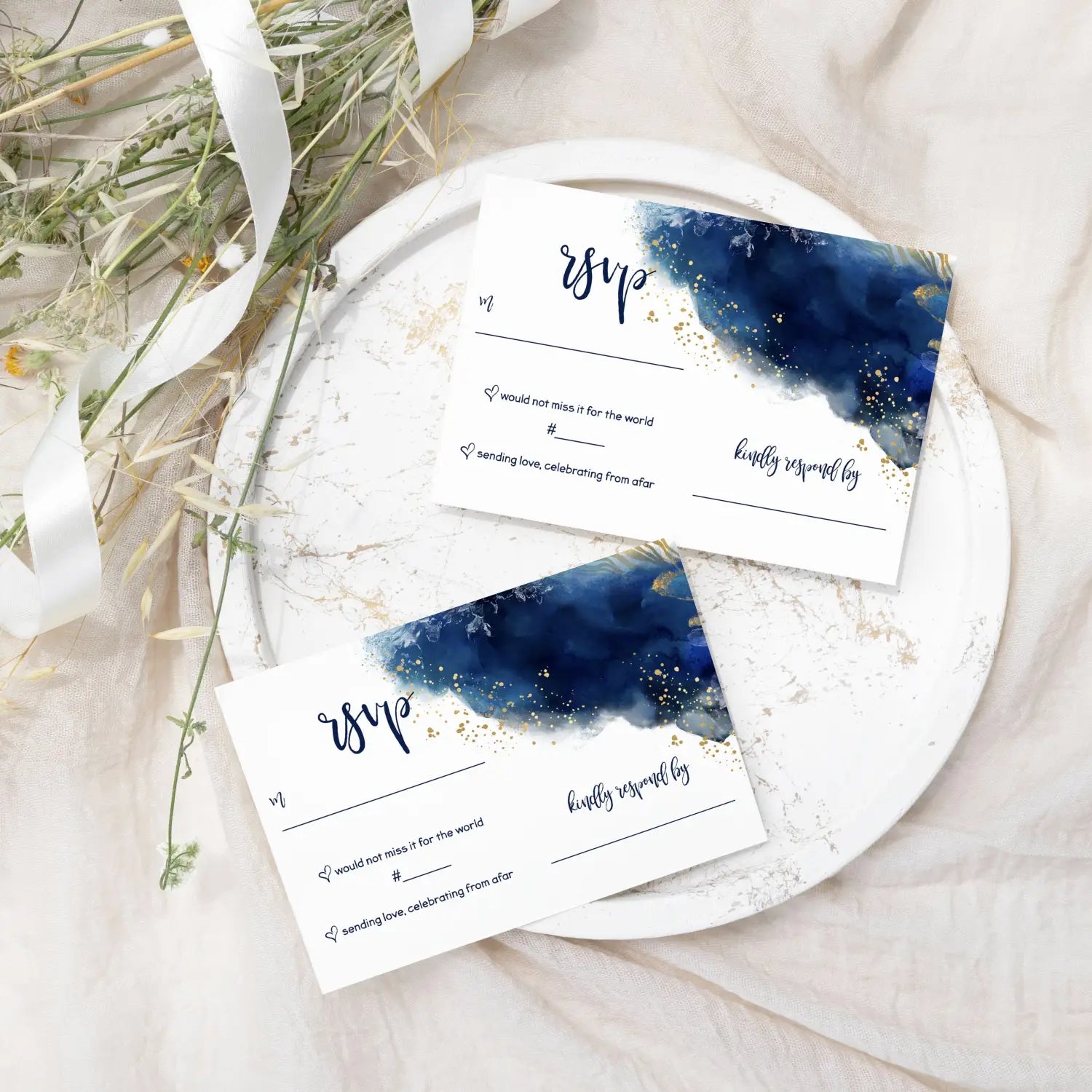 Watercolor gold floral blue rsvp cards - elegant wedding response set 3.5x5 envelopes included 25 pack - invitations