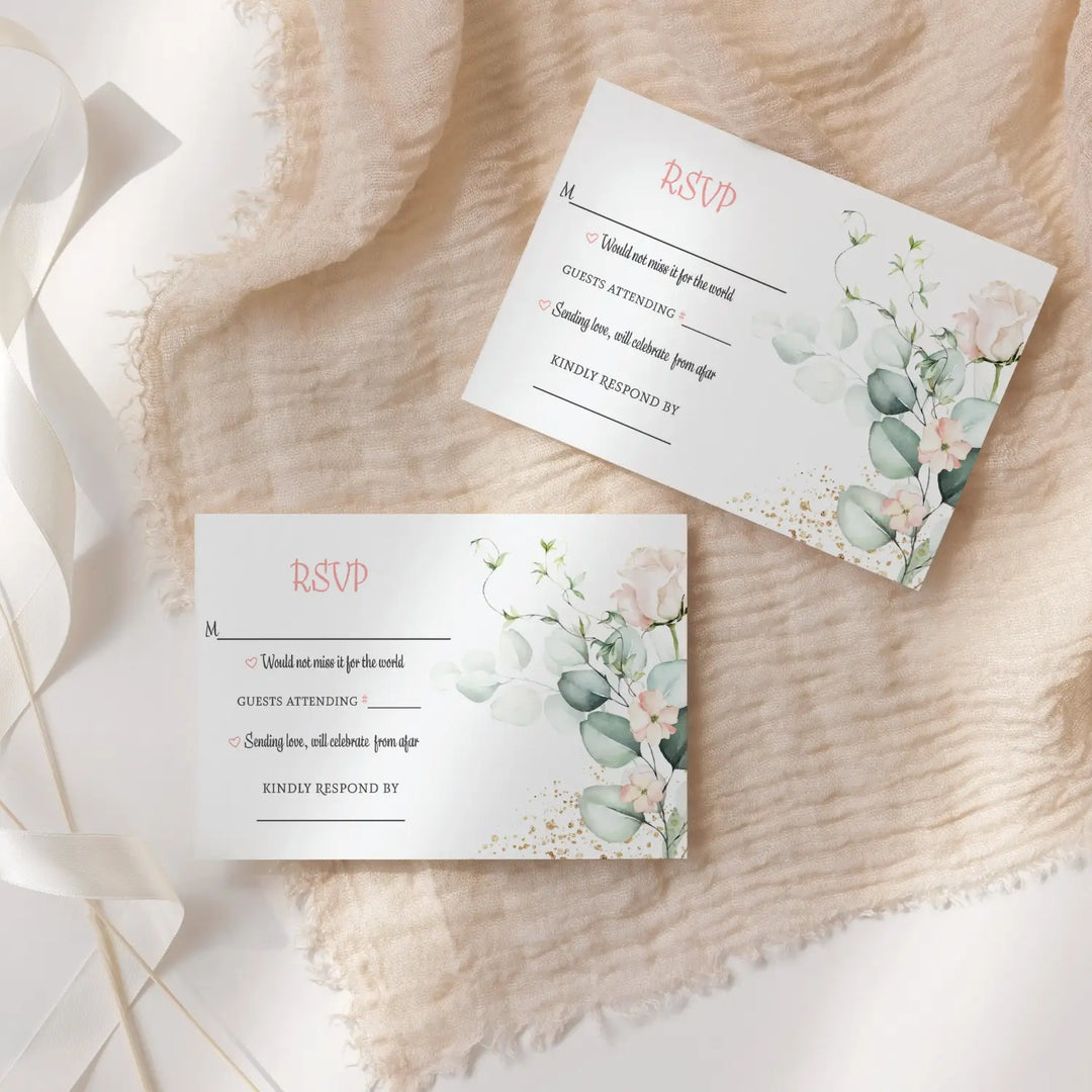 Blush Greenery Pink Floral RSVP Cards - Wedding Response Set, 3.5x5, Envelopes Included, 25 Pack