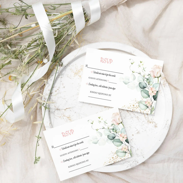 Blush Greenery Pink Floral RSVP Cards - Wedding Response Set, 3.5x5, Envelopes Included, 25 Pack