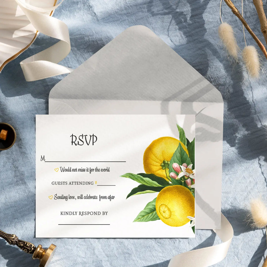 Main Squeeze Lemon Greenery RSVP Cards - Citrus Wedding Response Set, 3.5x5, Envelopes Included, 25 Pack