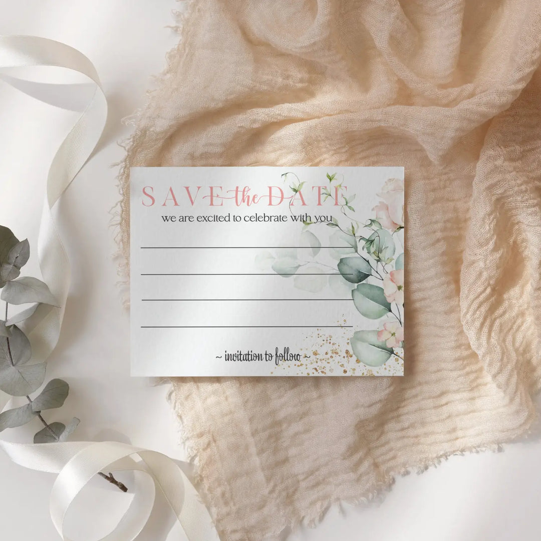 Blush Blooms Save the Date Cards with Envelopes - 25 Pack Rustic Floral Pink All Occasion Invitations for Weddings, Birthdays & Graduations - 3.5x5 Elegant Notecards