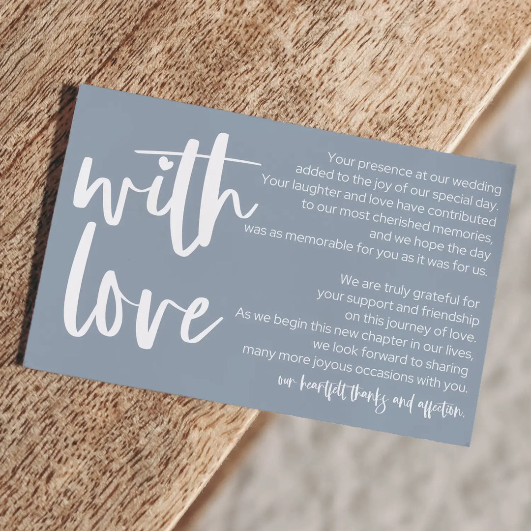 Dusty Blue Wedding Reception Thank You Cards (25 Pack) Modern Table Favors, Elegant Guest Seating Centerpieces, With Love and Gratitude from the Newlyweds, 4x6 Set