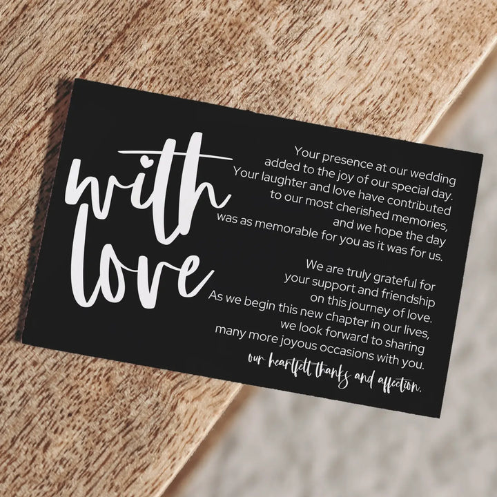 Modern Typography Wedding Thank You Cards for Guests (25 Pack) - Reception Table Favors or Bridal Centerpieces, Love & Gratitude, Elegant Black with White, 4x6 Set