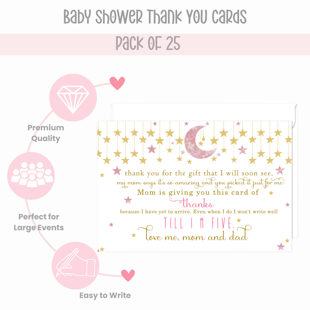 Twinkle Little Star Thank You Cards for Girls – Pink and Gold Notecards (Pack of 25) - Paper Clever Party