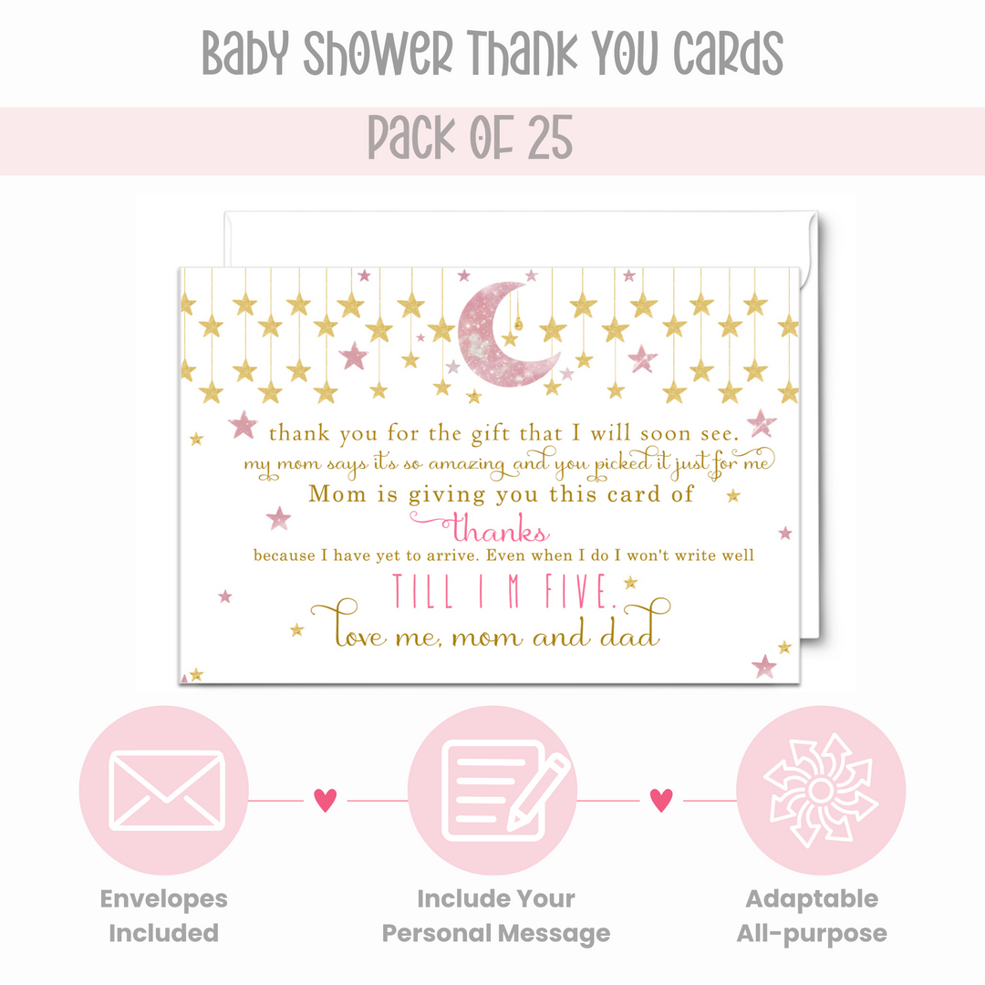 Twinkle Little Star Thank You Cards for Girls – Pink and Gold Notecards (Pack of 25) - Paper Clever Party