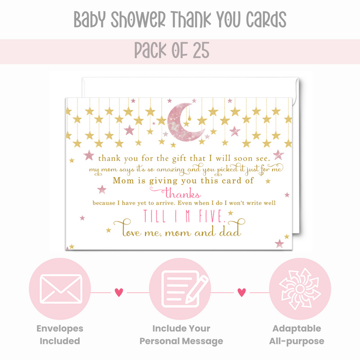 Twinkle Little Star Thank You Cards for Girls – Pink and Gold Notecards (Pack of 25) - Paper Clever Party