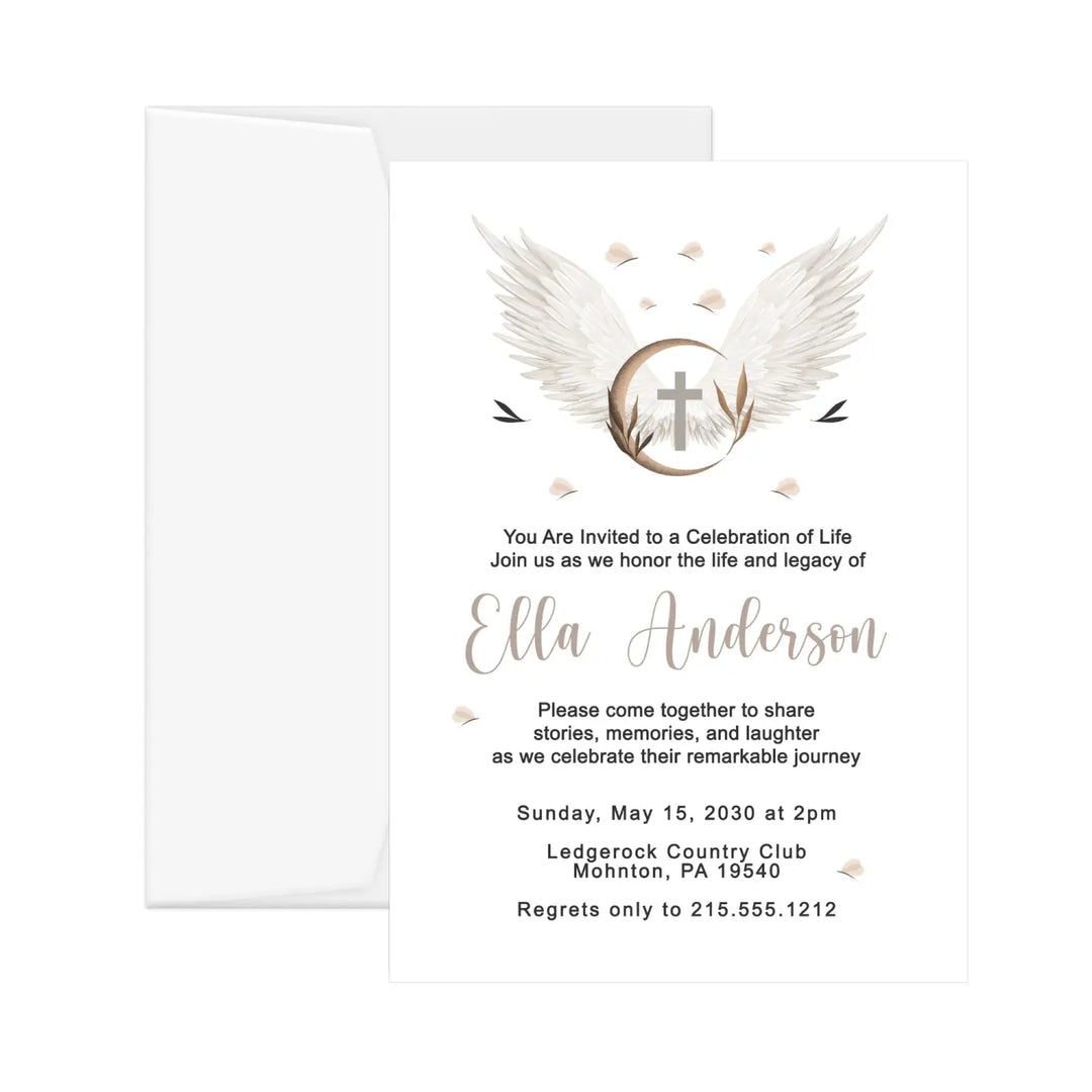 Personalized heaven sent baptism invitations - rustic 5x7 celebration of life cards - elegant angel wings design
