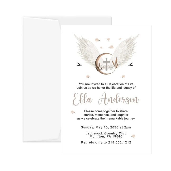 Personalized heaven sent baptism invitations - rustic 5x7 celebration of life cards - elegant angel wings design