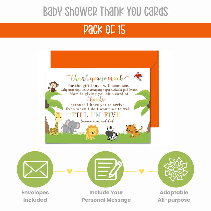 Cute Jungle Baby Shower Thank You Cards - Unisex (15 Pack) with Orange Envelopes, 4x6 - Paper Clever Party