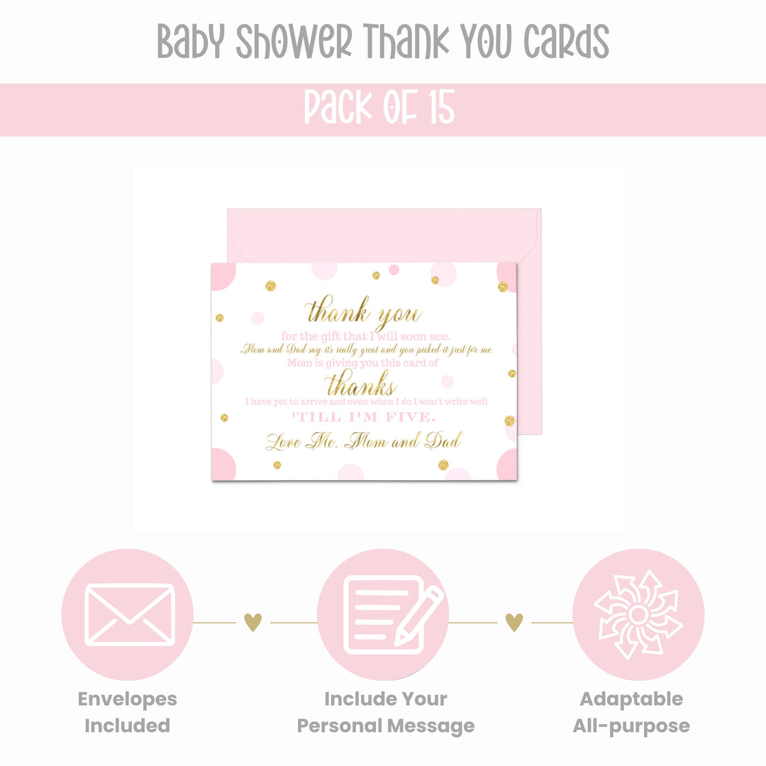 Pink and Gold Girls Baby Shower Thank You Cards - 15 Pack Luxurious Notecards, 4x6 - Paper Clever Party