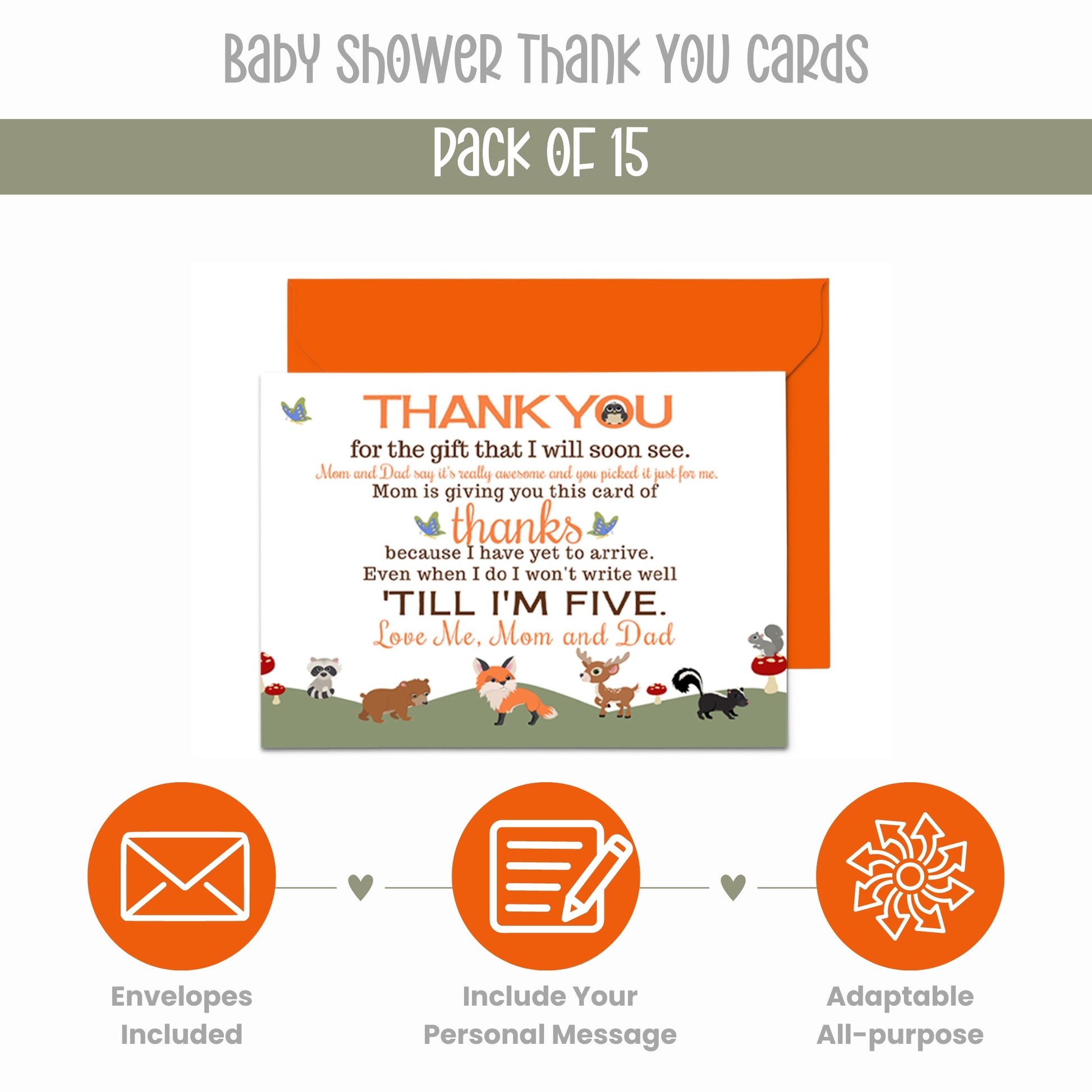 Gender Neutral Woodland Baby Shower Thank You Cards - 15 Pack Notecards with Orange Envelopes, 4x6 - Paper Clever Party