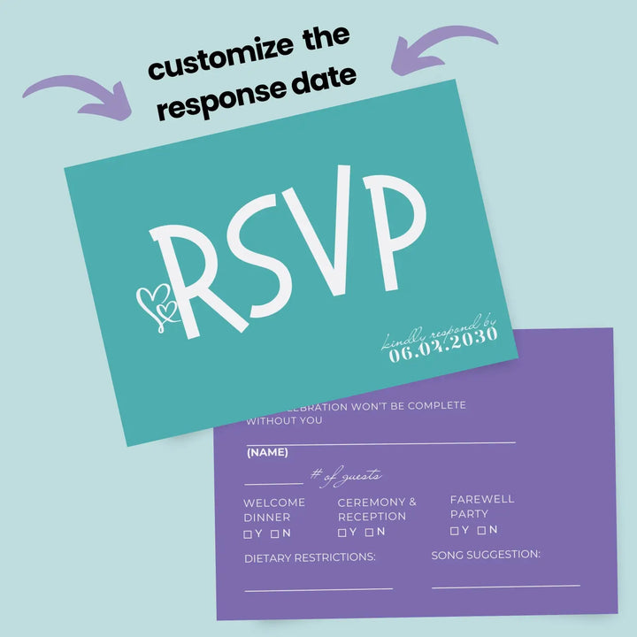 Custom Teal Blue and Purple RSVP Cards - Premium 120lb Cardstock, Elegant Calligraphy, 4x6 Inch Size, Personalized Dates & Names