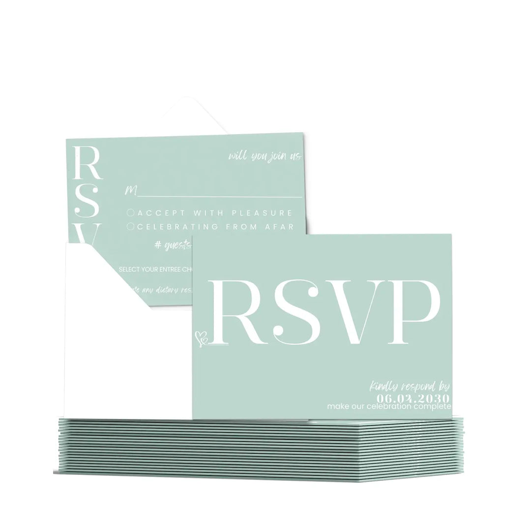 Custom Seafoam RSVP Cards with Elegant White Calligraphy - Premium Card Stock, 4x6 Inch Size