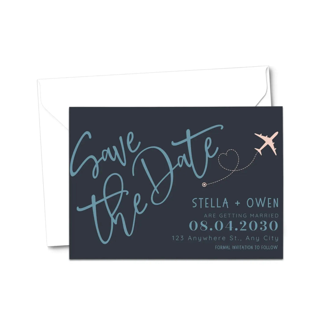 Custom Blush, Black, and Blue Save the Date Cards - Personalized 4x6 Inch Invitations with Elegant Typography and White Envelopes - Perfect for Weddings, Birthdays, and Showers