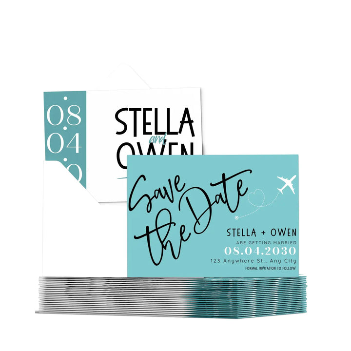 Custom Aqua and Jade Save the Date Cards - Personalized 4x6 Inch Invitations with Elegant Typography and White Envelopes - Perfect for Weddings, Birthdays, and Showers